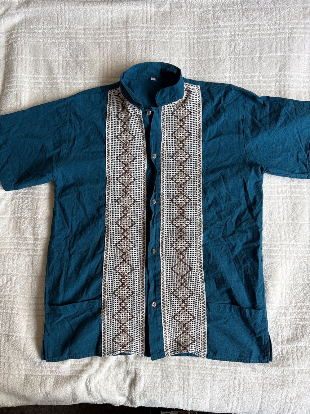 Teal Short-Sleeve Embroidered Button-Up Shirt Jacket